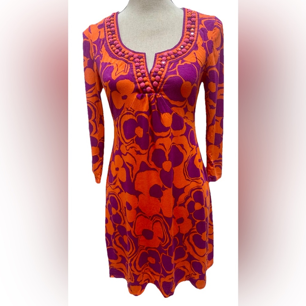 Boden Jersey Dress Kaftan Style Midi Beaded Neckline US 6 Vacation Travel Comfy!